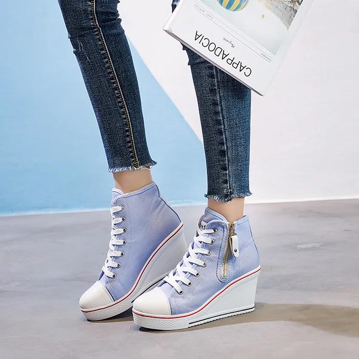 Fashion Autumn 8cm Platform Wedges Shoes Woman Canvas Round Toe Side Zipper Casual Fashion Retro Office Lady Brand Design High Quality