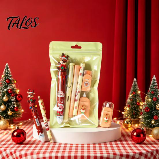 Classroom Reward Prizes for Christmas 6PCS Stationery Set Students, Cute Patterns Print Holiday Writing Pens with Accessories Practical School