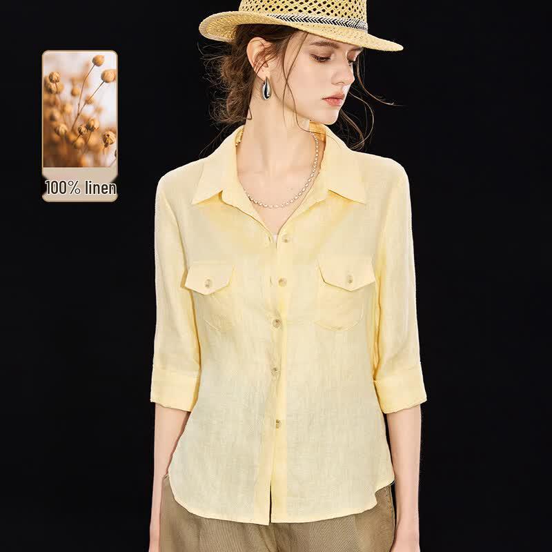 Women s 100% Linen Lapel Mid-Sleeve Shirt S