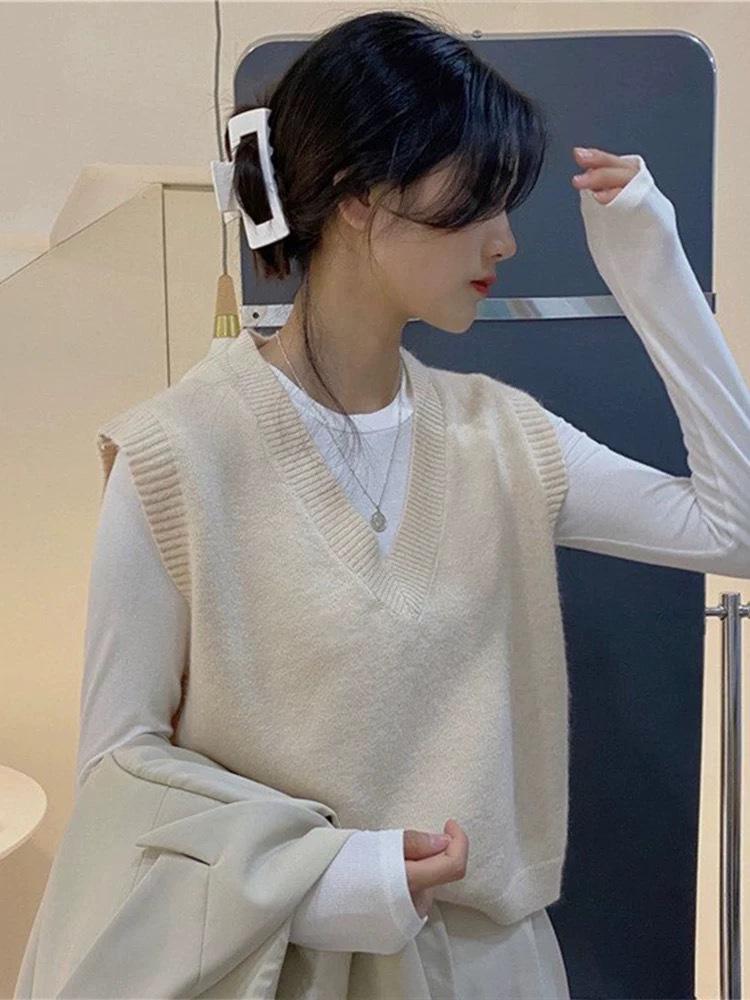Women's Solid Color V-Neck Woolen Vest - New Knit Style for Spring and Autumn