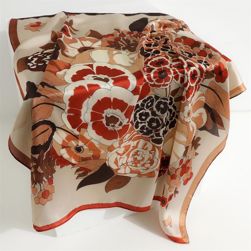 French pastoral flower new square scarf spring and summer imitation silk temperament versatile flower silk scarf women's thin scarf sun protection tow