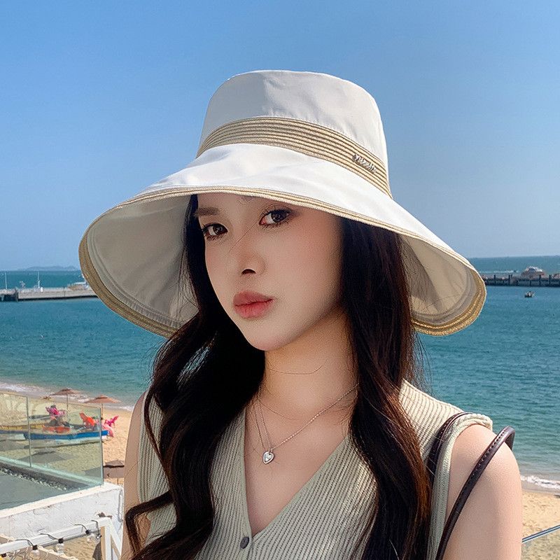 

Summer Surround Hat Female Sunshade Big Brim Cloth Product Patchwork Bow Fisherman Hat Outdoor Fashion All-Matching Sun Protection Hat 8839-Champagne Rice