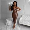 Sexy Suspender Waist Slimming and Hip Slit PU Dress Outfit for Women Nightclub Clothing