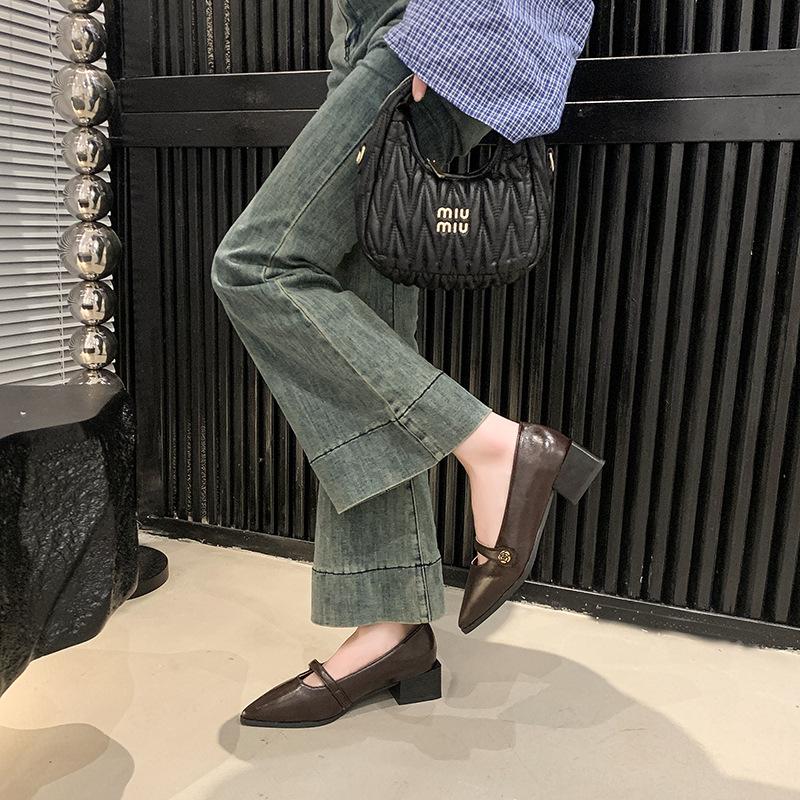 Niche Commuter Thick Heel Brown Pointed Mary Jane Single Shoes Women's Shoes 2025 Spring Summer Evening French Commuter Leather Shoes