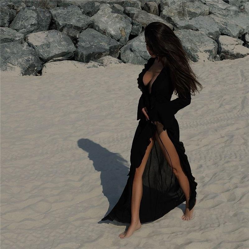 New Sexy V Neck Ruffled Long Sleeve Chiffon Tunic Beach Cover Up Cover-ups Beach Dress Beach Wear Beachwear Female Women