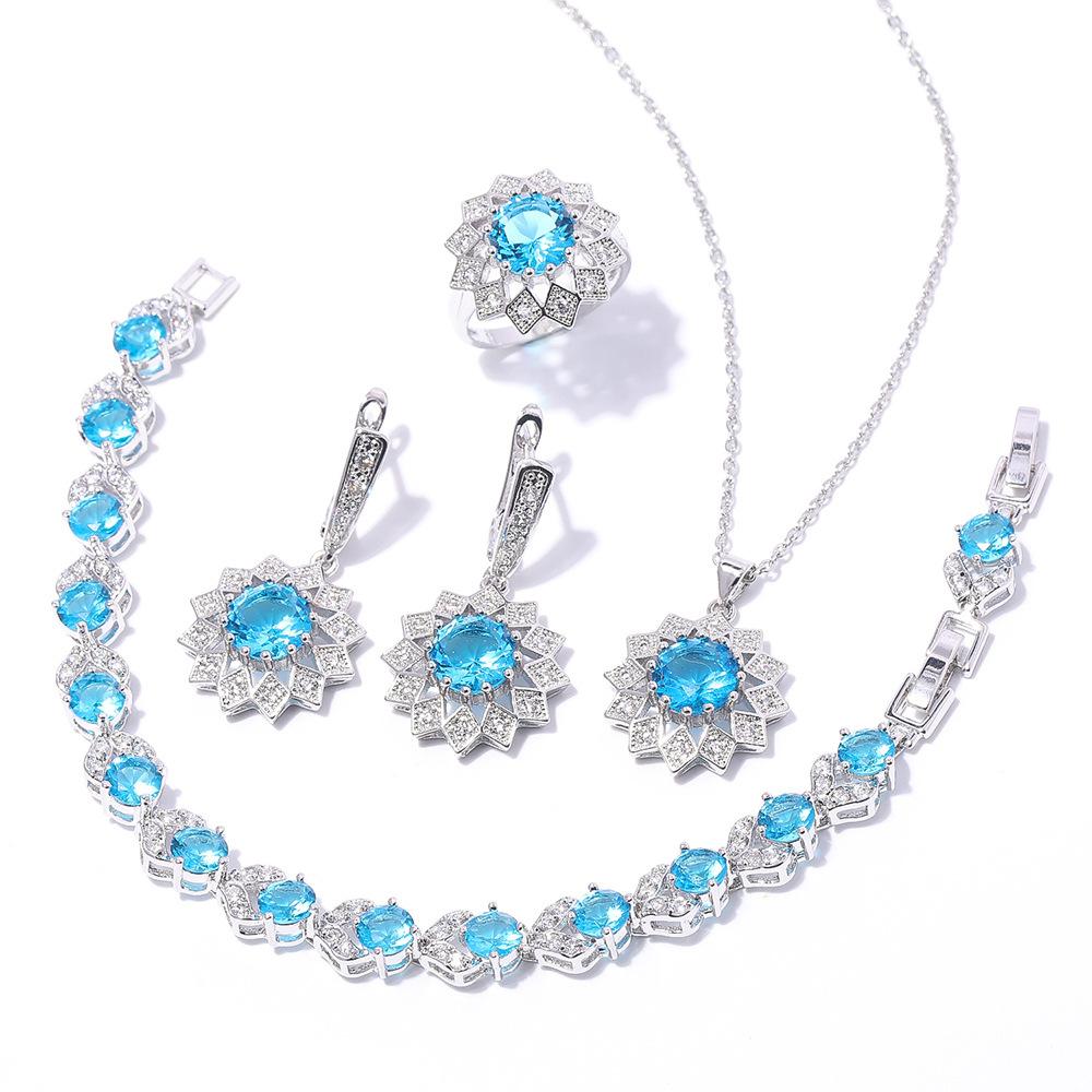 Round Zircon Necklace Earrings Ring Bracelet Set, Copper Set Zircon Platinum Plated Jewelry, Multicolor