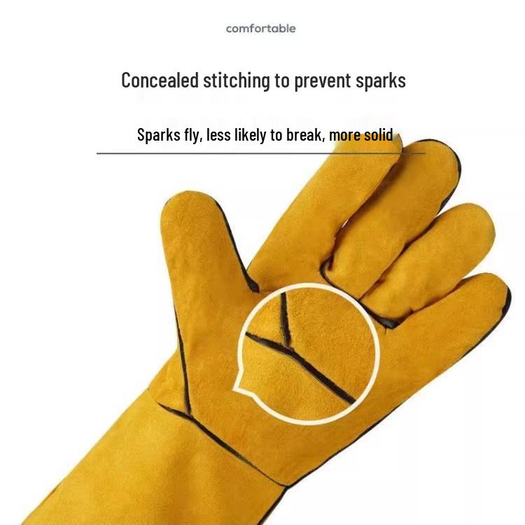 Fleece-lined Cowhide Welding Gloves - Heat Resistant, Soft, Wear-Resistant, Winter Warm, Extended Protection.