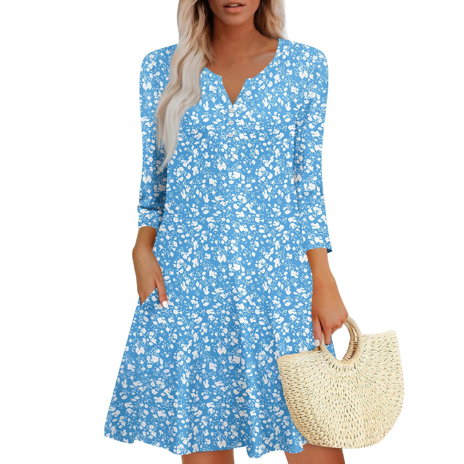 

Жіноча літня сукня вільного крою з V-подібним вирізом та рукавом три чверті, сукня-сарафан з кишенями M синій