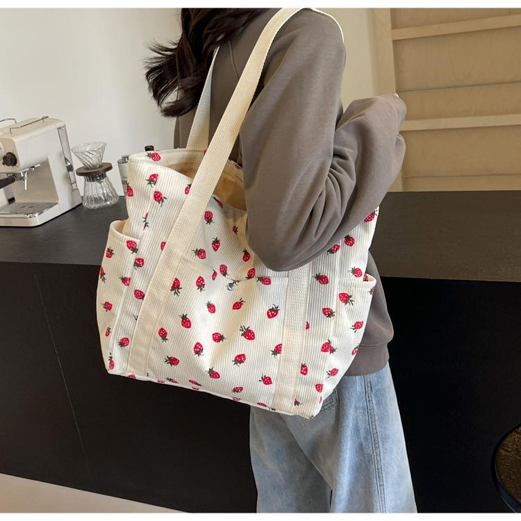 Strawberries Corduroy Handbag Sweet Women's Bag Fashionable Versatile Shoulder Bag Beautiful Simple Commuter Women's Tote Shopping Bags