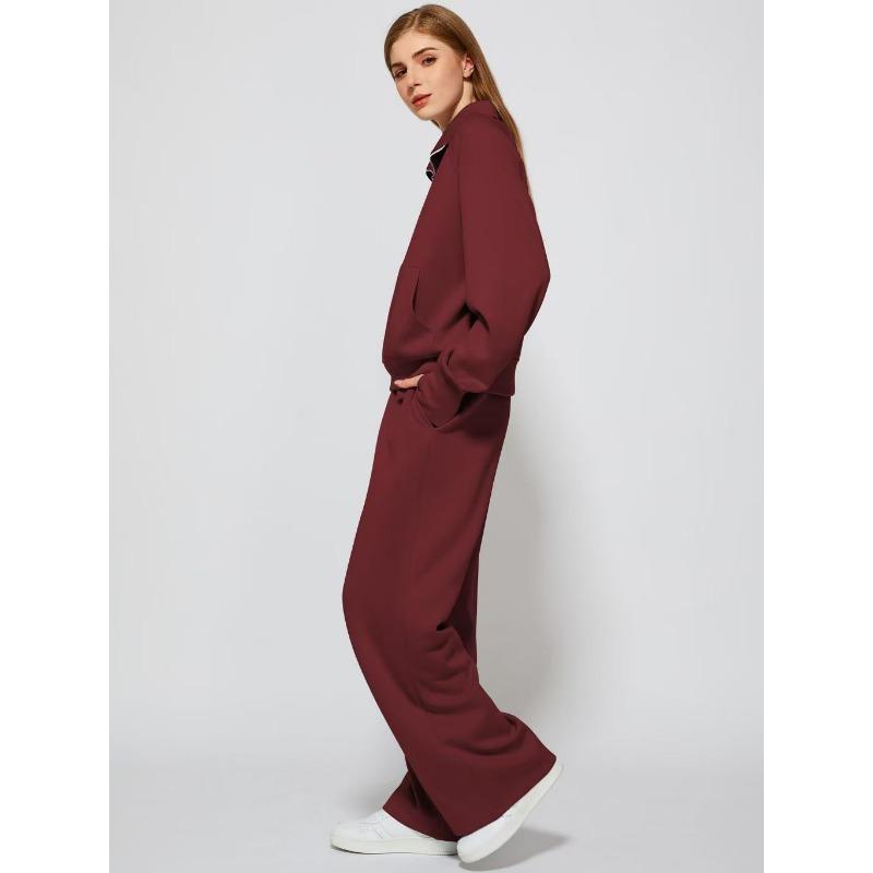 Women Stand Collar Zipper Long Sleeve Casual Sports Two Piece Sweatshirt And Pants Set