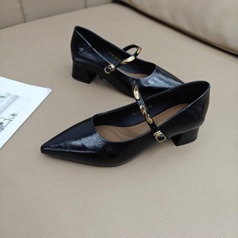 

Retro Mary Jane shoes women s autumn new commuter black single shoes temperament one-word button small leather shoes 34 чёрный