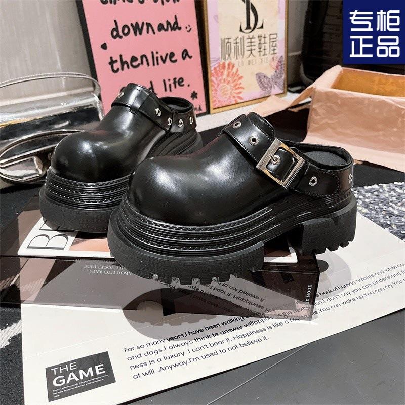 Retro outer slippers round head thick heel thick sole lace-up fashion small leather shoes women's 2025 spring new niche casual style