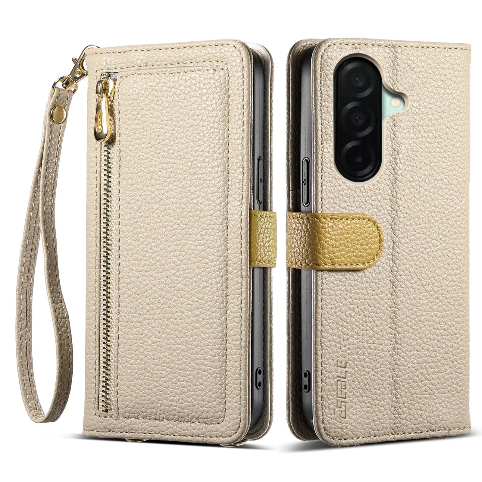 

ESEBLE E11 For Samsung Galaxy A56 5G Case Zipper Pocket Litchi Texture Leather Phone Cover with Mirror and Wrist Strap Khaki