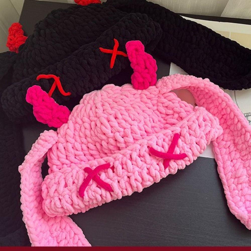Soft Warm Little Devil Long Ears Cap Elastic Knit Warm Windproof Cap Cold Weather Wear