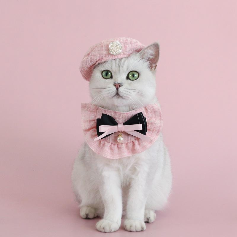 Cat Beret Suit Adjustable Flower Cat Dog Pearl Bow Bib Woven Pet Saliva Towel Wedding Party Bowknot Embroidery Princess Suit