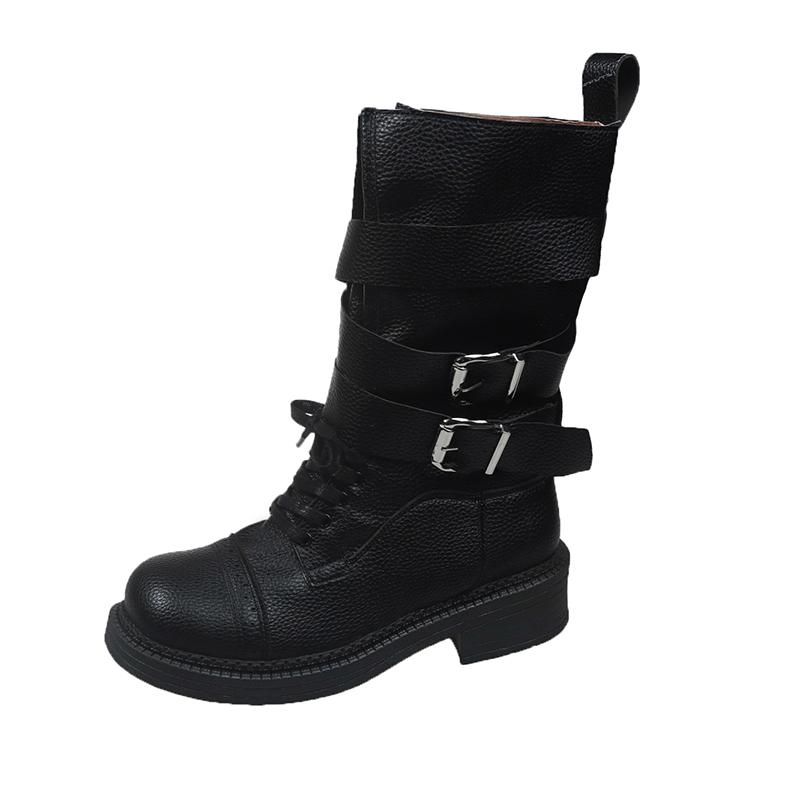 Fashion Retro British Style Mid-leg Boots Women's Spring and Summer New Block Heel Belt Buckle Versatile Single Boots