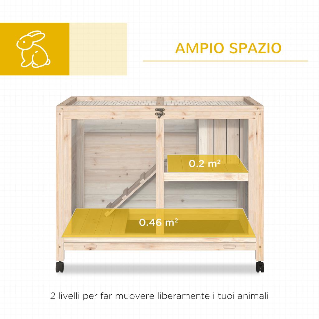 Conigliera in Legno a 2 Piani con Casina, Rampa e Vassoio Estraibile, 91.5x53.3x73cm