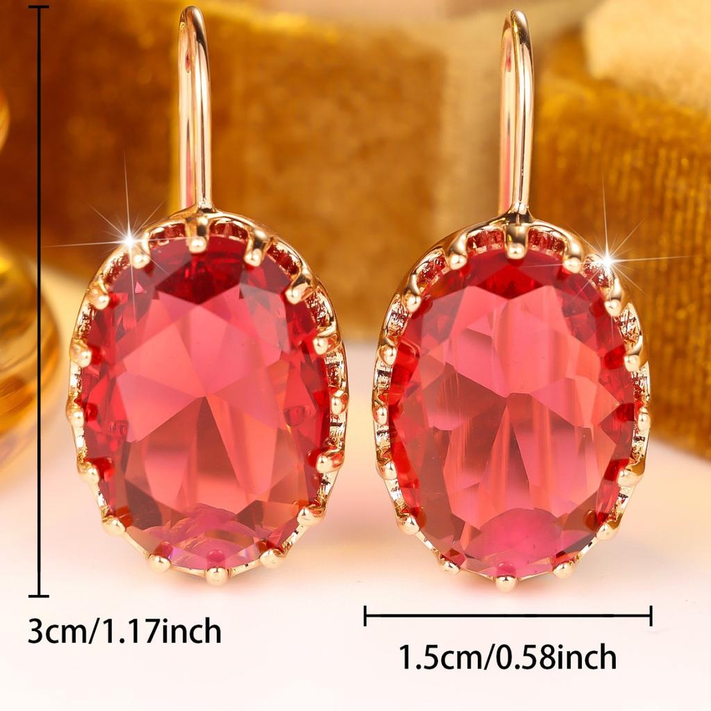Big Oval Stone Rose Red Crystal Zircon Dangle Earrings for Women Vintage Gold Color Long Hook Drop Earring Wedding Jewelry Gifts