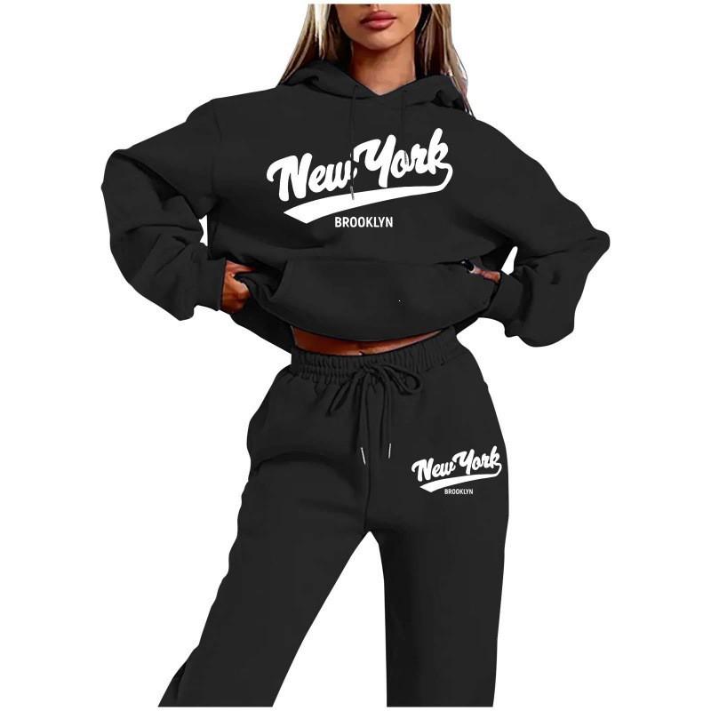 Womens 2026 New York Print Hooded Sweatshirt Set With Fleece-Lined Pants Fall Winter Outfit Streetwear Casual Tracksuit