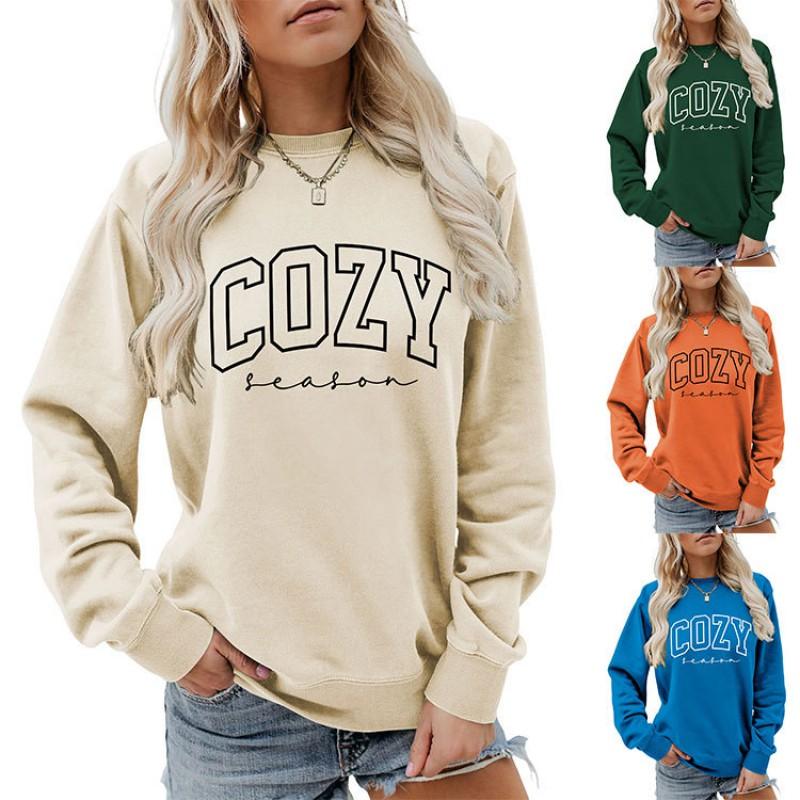Womens Cozy Casual Round Neck Long Sleeve Cotton Sweatshirt With Letter Print Loose Fit