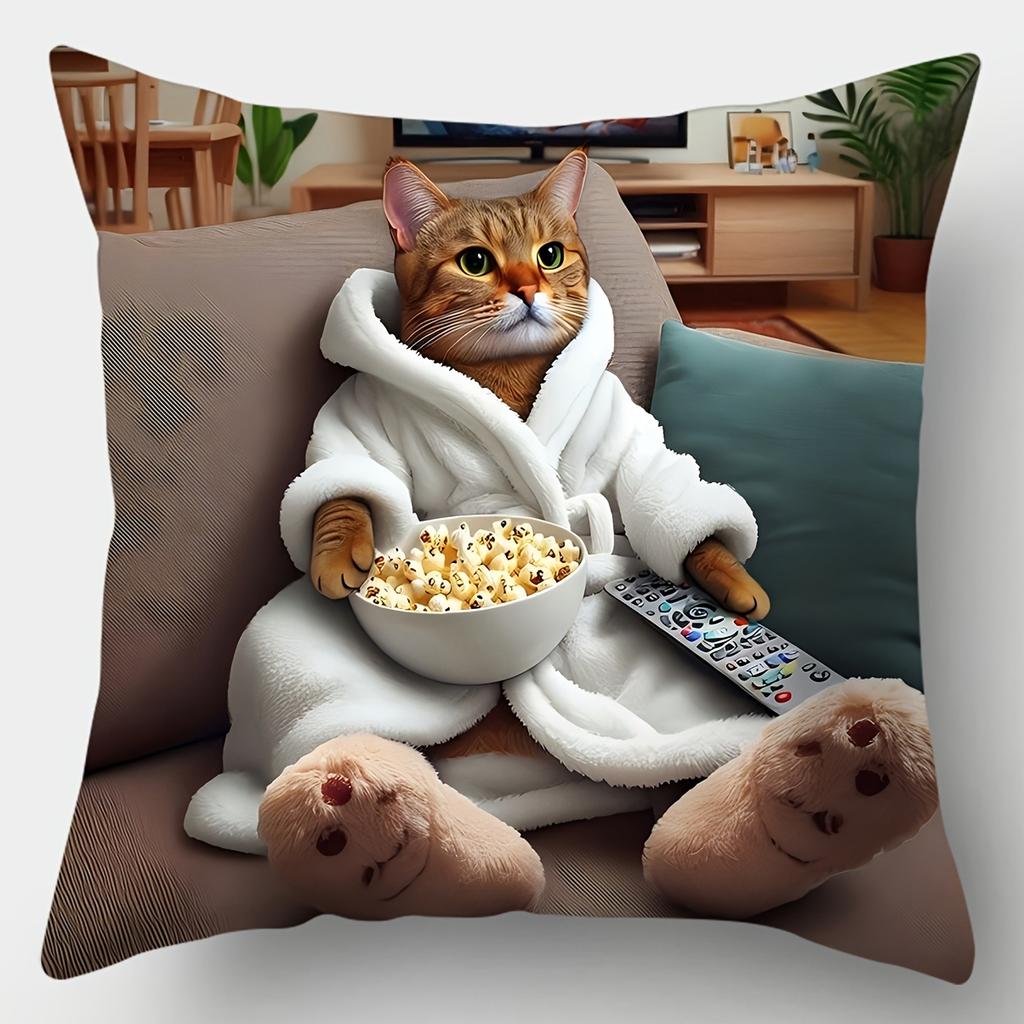 1Pc Funny Cat In Bathrobe Print Throw Pillow Cover, 2D Double-Sided Polyester Cushion Case, Cozy Lazy Cat Home Decor Pillow, Gif