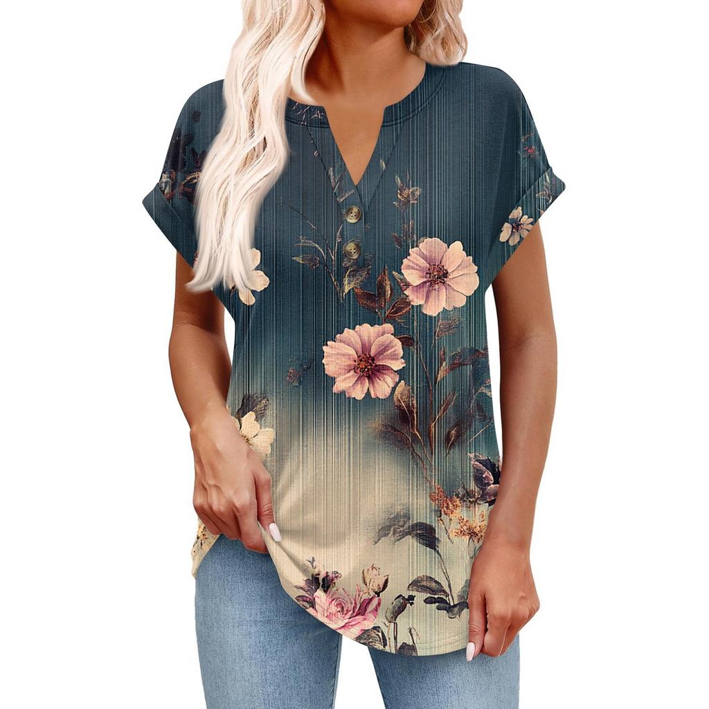 Dámský módní ležérní krátkorukávový svetr s výstřihem do V, na knoflíky, s potiskem