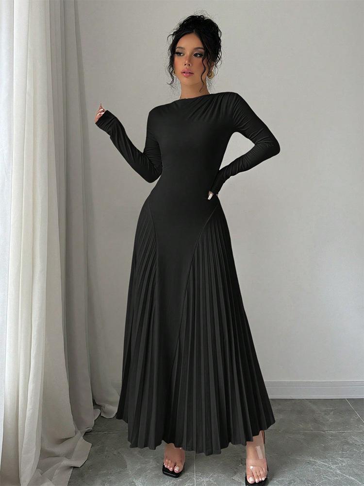 Autumn Winter Simple Solid Color Knitted Dress Women O Neck Long Sleeve Pleated Office Dresses Elegant Slim Robe Dress