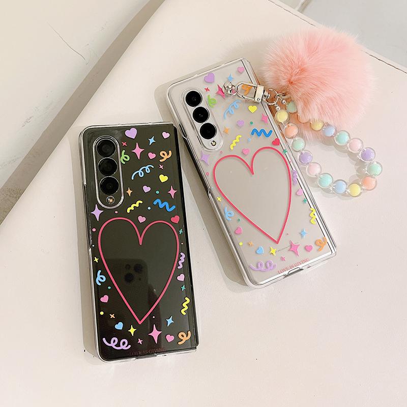 Colorful Heart Purikura Photo Frame Beads Bracelet Plush Pendant Phone Case For Samsung Galaxy Z Fold 3 Hard Transparent Cover