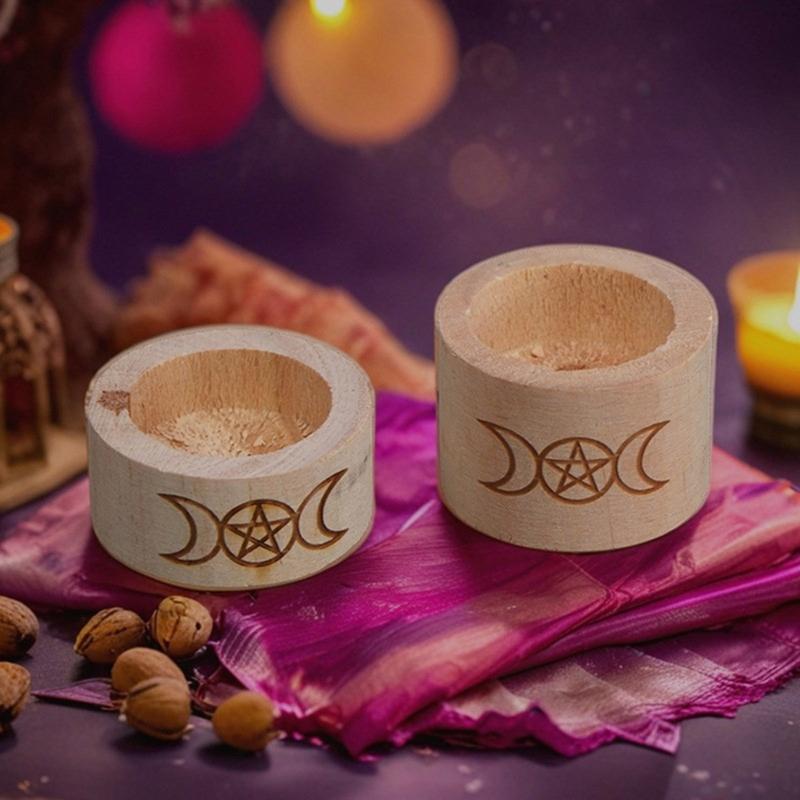 Wood Candlestick Pentacle Carved Tealight Holder Desk Decoration for Tarot Card Reader