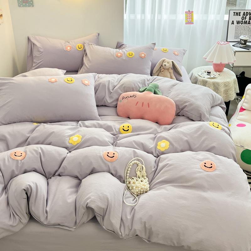 Vierteiliges Set aus gewaschener Baumwolle, Bettlaken, Bettbezug, dreiteiliger Bettbezug