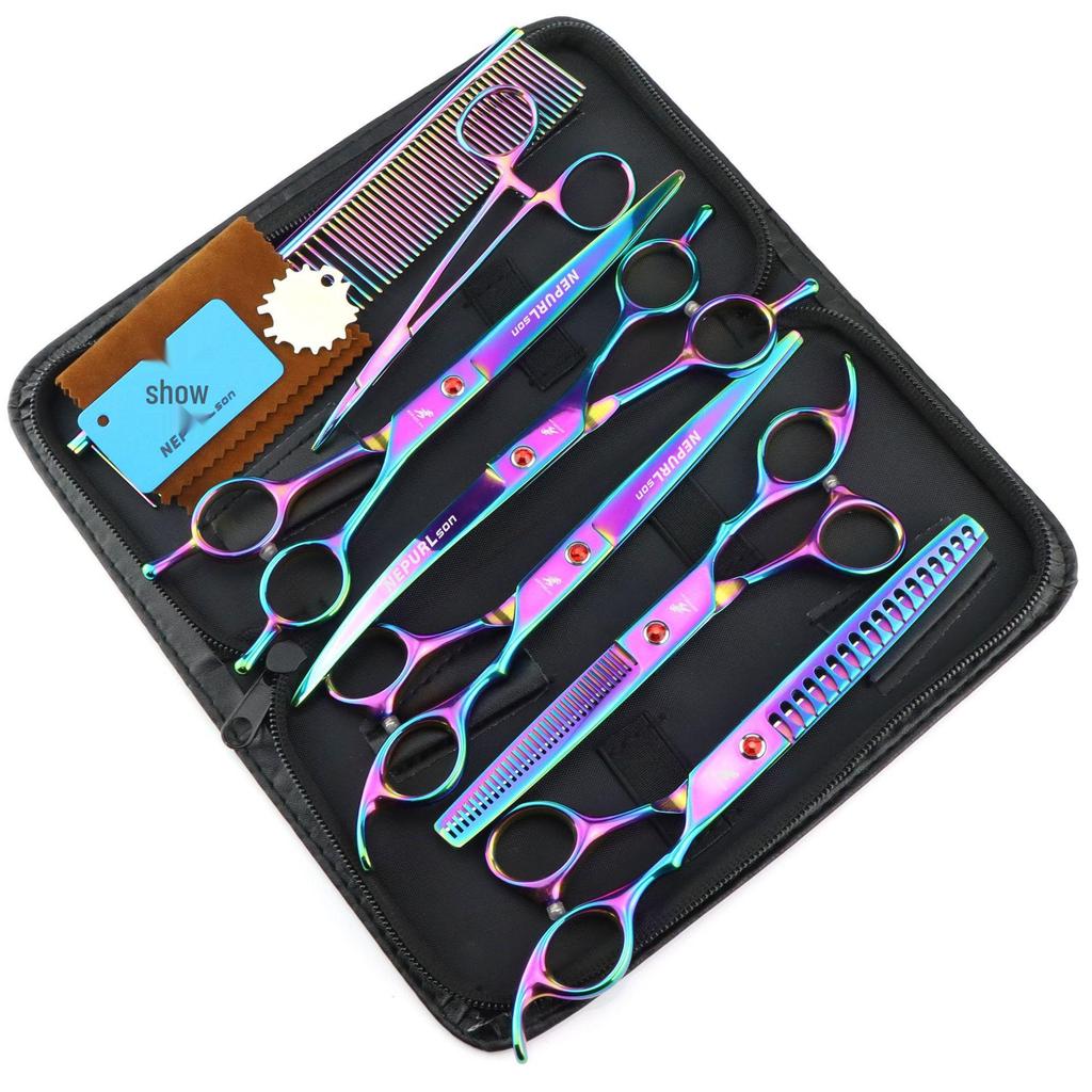 7" Colorful Pet Grooming Scissor Set: Straight, Curved, Fishbone Tooth, Thinning Shears & Comb, Logo Customization Available.