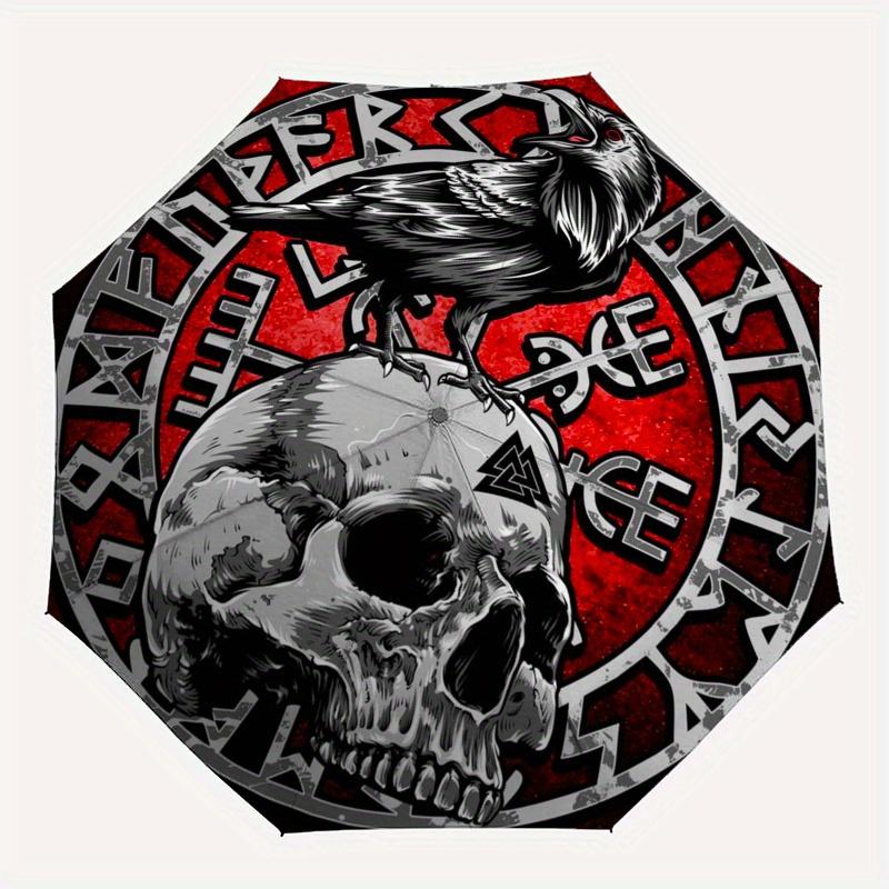 Rabenkopf Nordisches Symbol Wikinger Tattoo Design AufkleberRegenschirm, Tragbarer 3-fach Kompakter Regenschirm,Weihnachtsgeschenk ES592