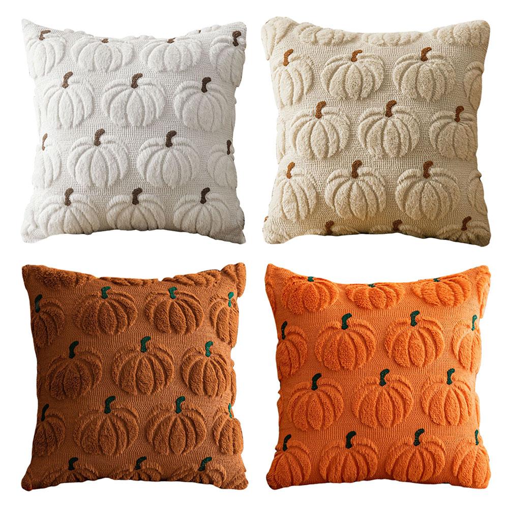 Halloween Pumpkin Fall Throw Pillow Covers Embroidery Soft Faux Fur Pillow Covers Fluffy Plush Accent Pillow Cases for Farmhouse