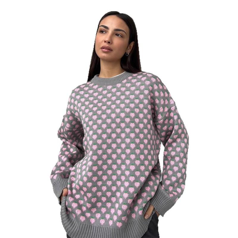Erdbeer Jacquard Pullover Damen Rundhals Langarm Pullover Locker Gestricktes Oberteil Herbst Winter
