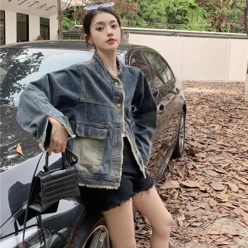 Denim Jacket Design Spring and Autumn New Style Round Neck Raw Edge Retro Washed Loose Top Jacket for Women