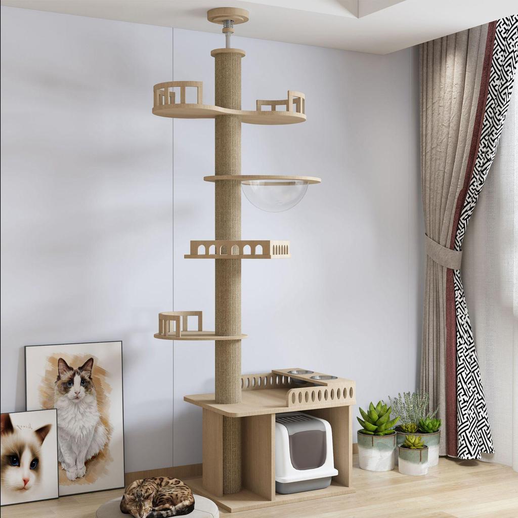 Space-Saving Solid Wood Cat Tree Tower: Climbing Frame, Bed, and Jumping Platform for Small Apartments