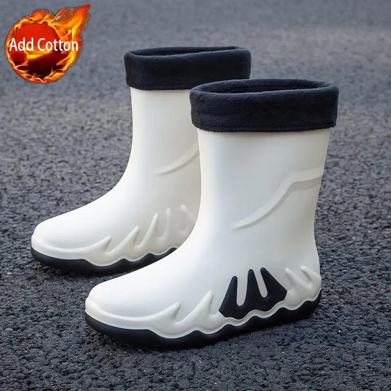 Young Motorcycle Fleece-lined Winter Men's Rain Boots Print Biker Warm Pvc Waterproof New Fishing Work Original Mud Male Shoes