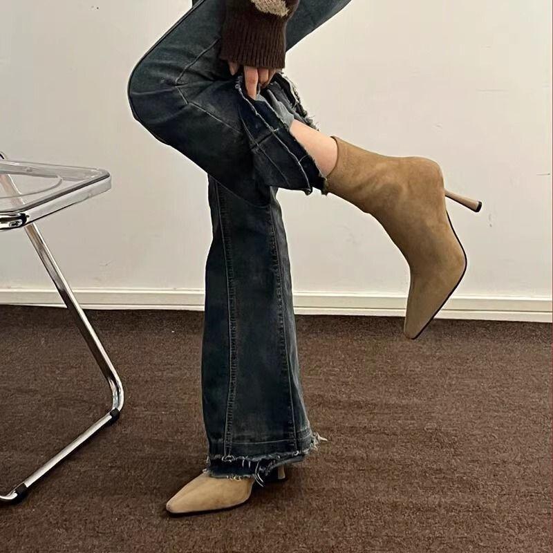 High-heeled short boots woautumn winter thin-heeled medium-tube thin boots small square head thin temperament suede elastic boots