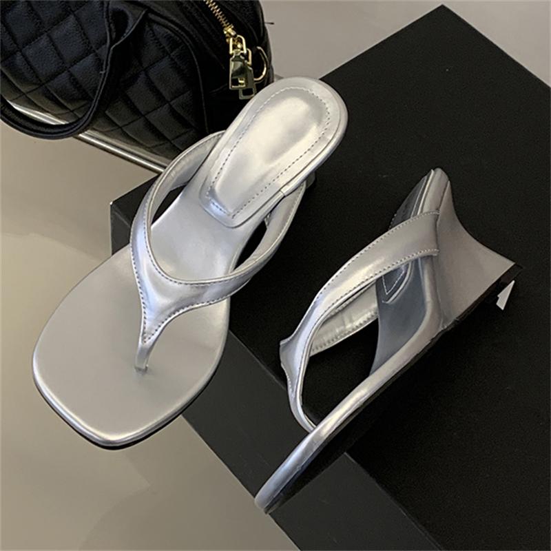 New Summer Wedges High Heels Women Slippers Fashion Square Clip Toe Party Sandals Flip Flops Female Shoes