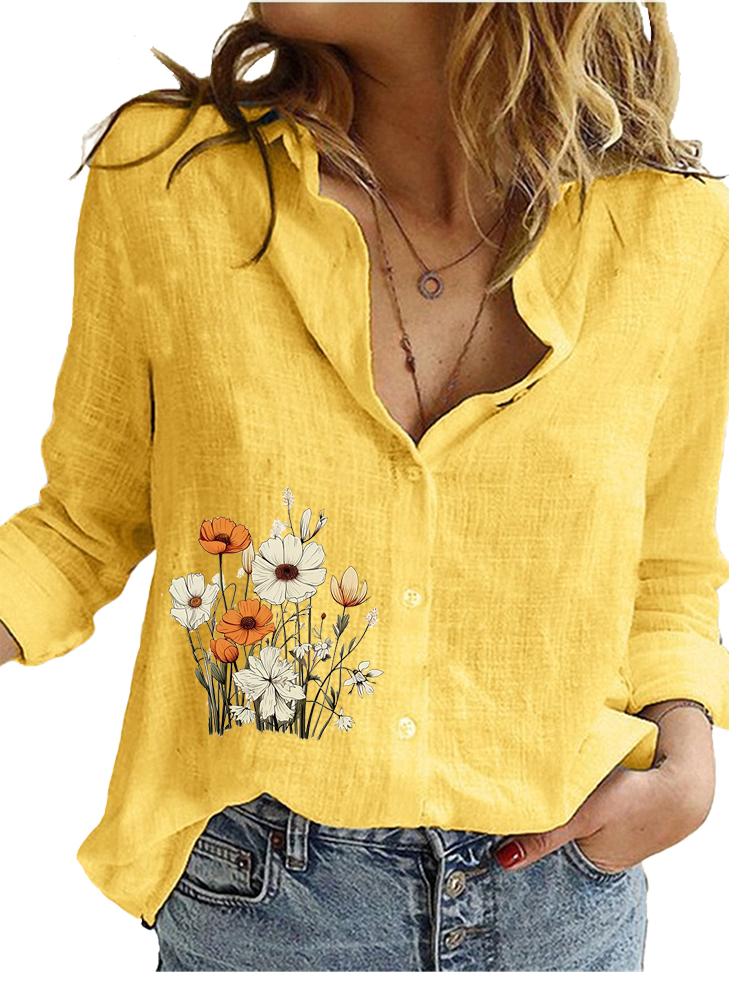 Women Fashion Cotton Linen Blouse Ladies Casual Loose Top Ladies Print Long Sleeve Shirt