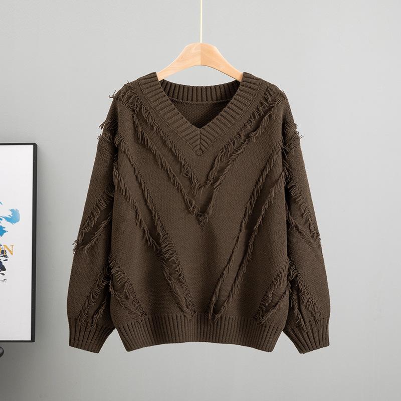 Loose Knitted V-neck Lazy Fringed Sweater Women's 2025 Autumn New Fashion Foreign Style Inner Top