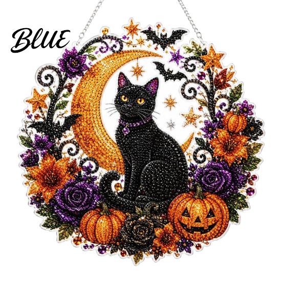Halloween Halbmond Dekoration Schwarze Katze Strass Malset Facettierter Kunstkristall Hängende Dekoration Niedliches Bastelset DIY Fenster für Heimparty,