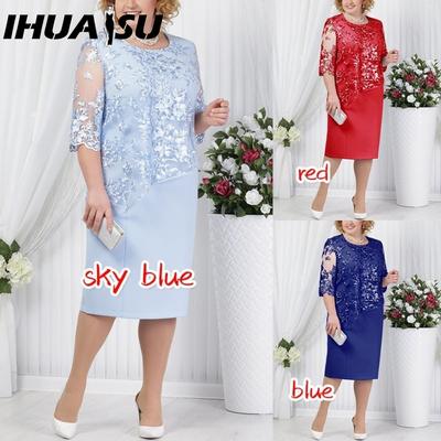 S-5XL Knielanges Partykleid mit Spitzentop und Applikationen am Saum