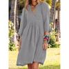 Cotton And Linen Dress For femalefall 3/4 Sleeve  Loose Solid Color V-neck Midi Dresses Elegant female's Clothing