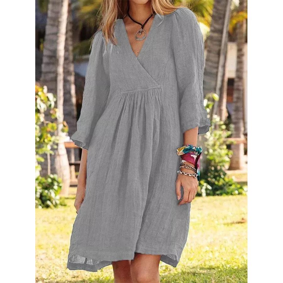 

Cotton And Linen Dress For femalefall 3/4 Sleeve Loose Solid Color V-neck Midi Dresses Elegant female s Clothing XS світло-сірого кольору