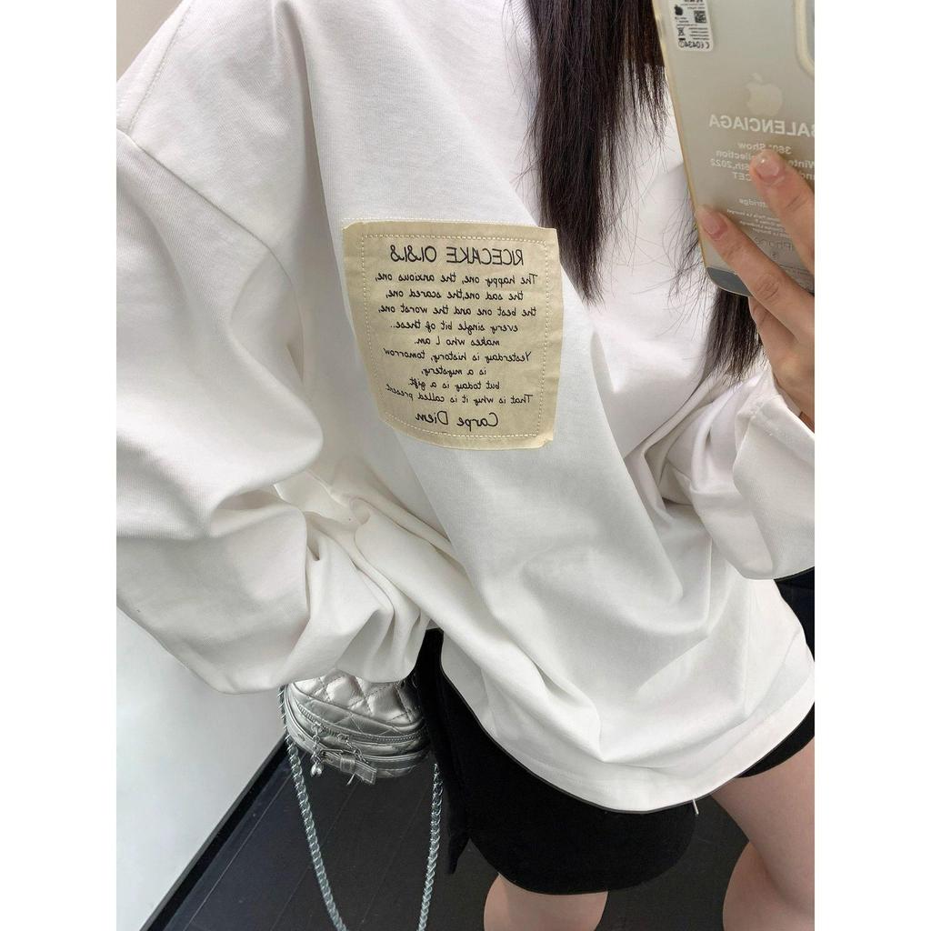 2025 New Arrival: European-Style White Long-Sleeve Women's T-Shirt, Mid-Length Loose Fit, Pure Cotton Base Layer for Autumn/Winter