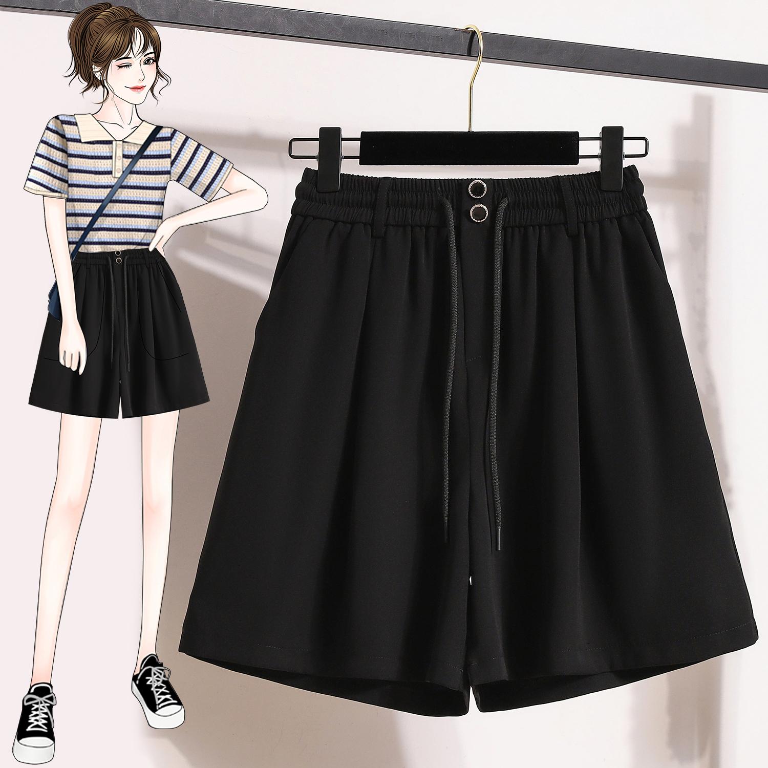 

DIMANAF 2024 Большие размеры женские летние брюки широкие брюки 5XL шорты с высокой талией эластичные свободные повседневные базовые короткие брюки 5XL чёрный