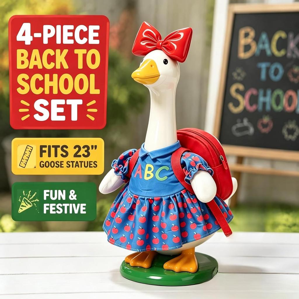 23 Inch Porch Goose Costume Back to School Student Outfit Printed Dress Hat Backpack Pencil Accessories for Outdoor Garden Yard Lawn Decor