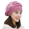 Fashionable Beret Hat With Plush Rabbit Furs Flower Decors Pullover Brimless Hat for Women Office Winter Head Accessory