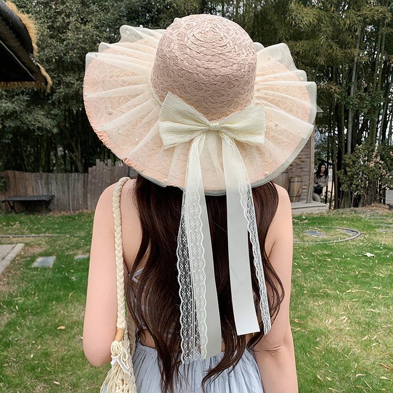 Summer Bow Sun Hat Female, Seaside Beach Vacation Sun Hat Outdoor Big Brim Sun Hat Sweet Straw Hat